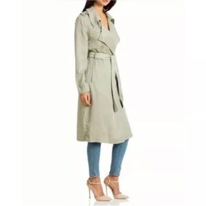 Badgley Mischka Faux Leather Trim Angelina Long Trench Coat in Sage Light Green